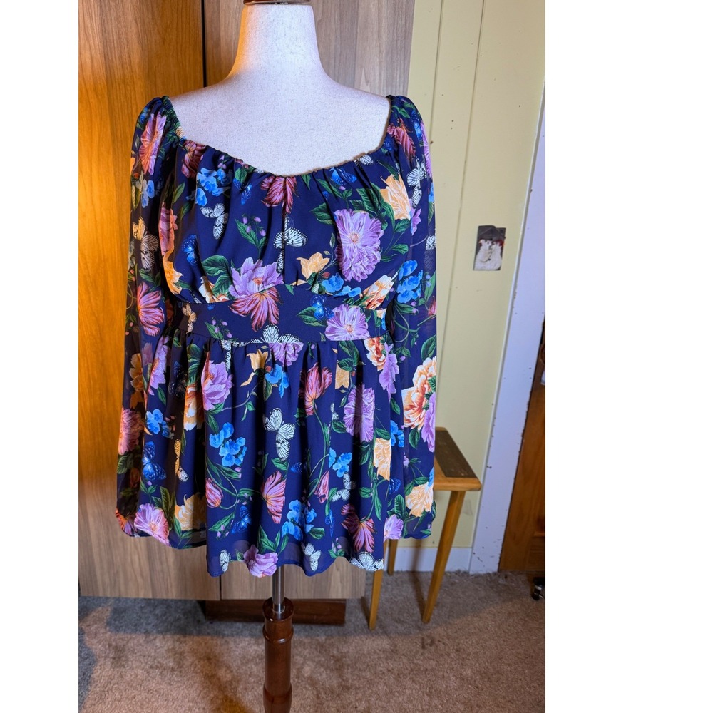 509. Boho Cottagecore Torrid Blue Floral Butterfly Babydoll Top Smocked Back - Picture 2 of 6
